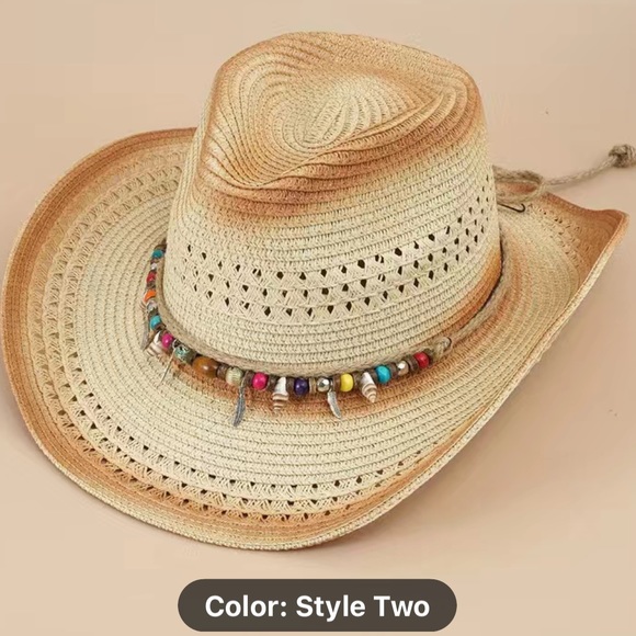 Realizeu Boutique Accessories - Western Fashion Tan Ombre Cowboy Straw Hat with Shell Hat Band Unisex